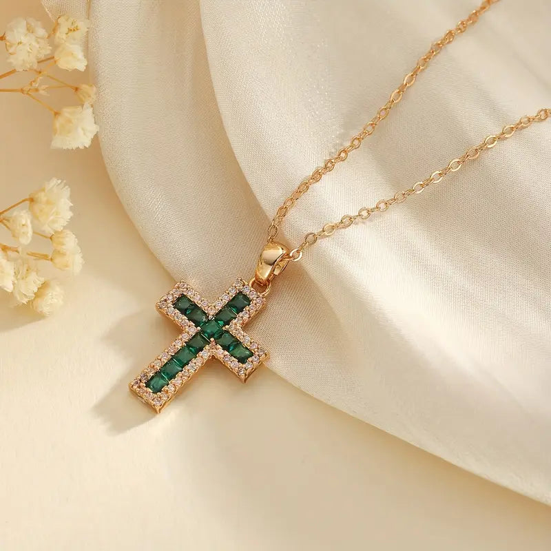 Colar de ouro com pingente cruz esmeralda solene