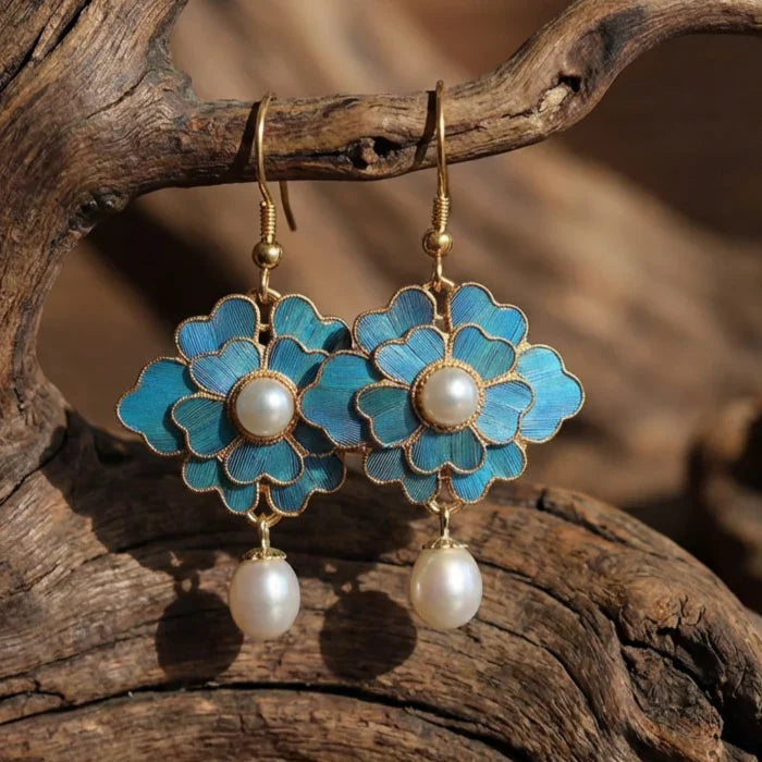 Brincos pendentes vintage com pérolas e lótus azuis