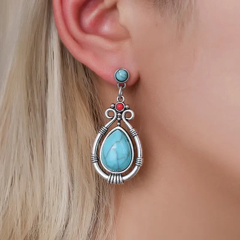 Brincos Pendentes Vintage com Pedra Turquesa