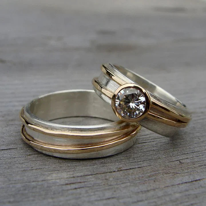 Conjunto de Anéis Vintage Fine Zircónia em Ouro e Prata