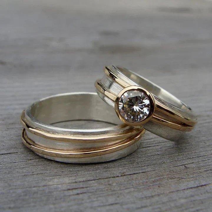 Conjunto de Anéis Vintage com Zircónia Fina em Ouro e Prata