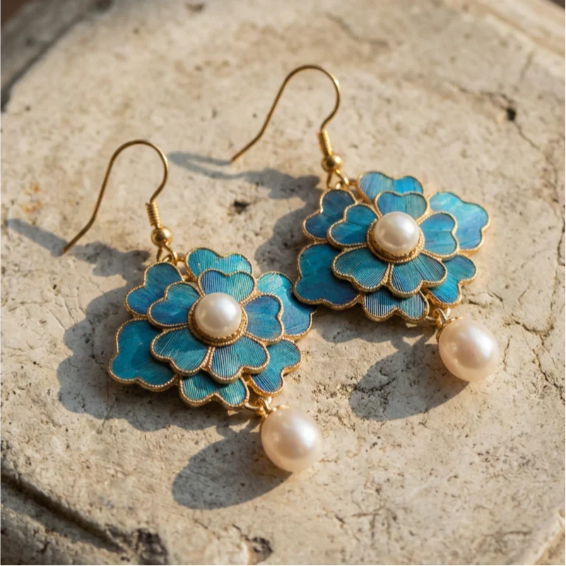 Brincos pendentes vintage com pérolas e lótus azuis