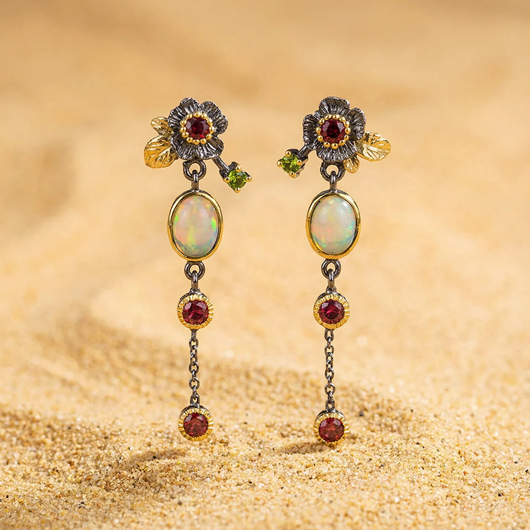 Brincos boho com opala e zircônia vermelha