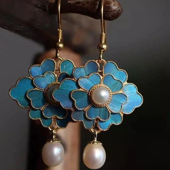 Brincos pendentes vintage com pérolas e lótus azuis