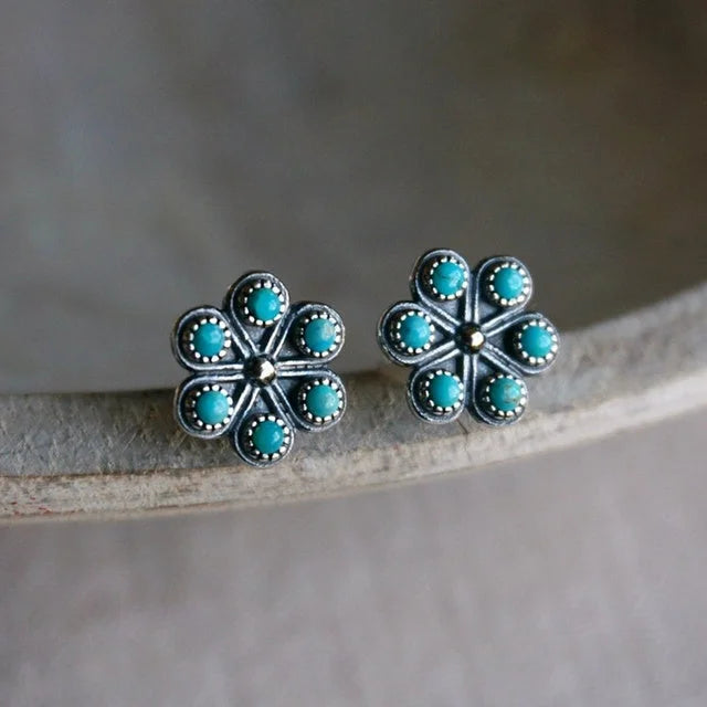 Brincos Vintage Flor Turquesa