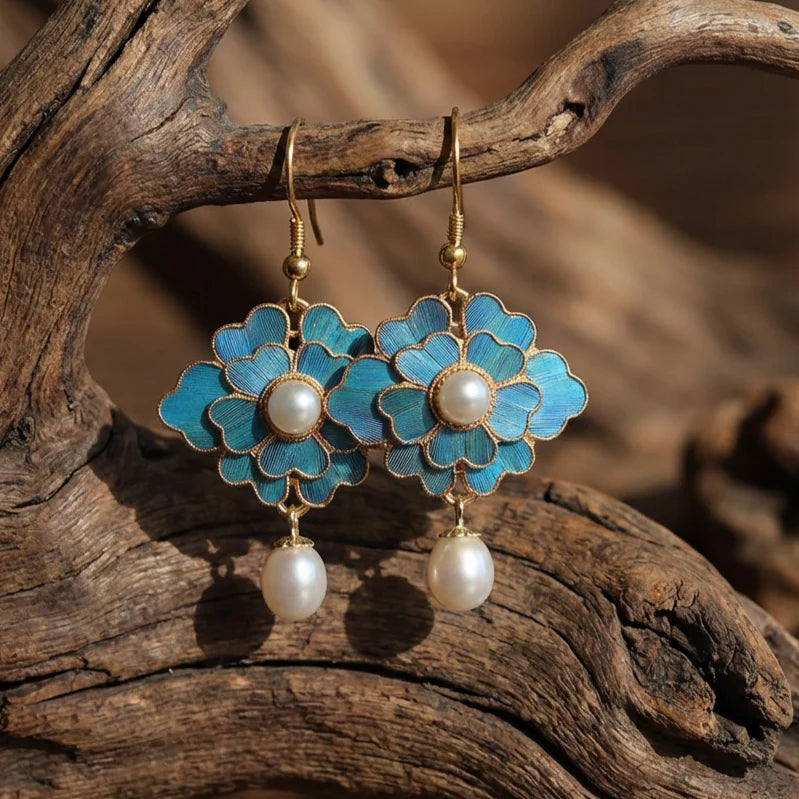 Brincos pendentes vintage com pérolas e lótus azuis