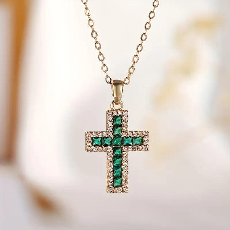 Colar de ouro com pingente cruz esmeralda solene