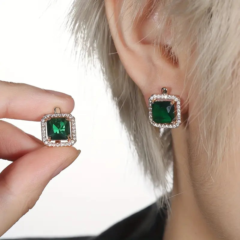 Brincos Dourados com Zircónia Verde Quadrada