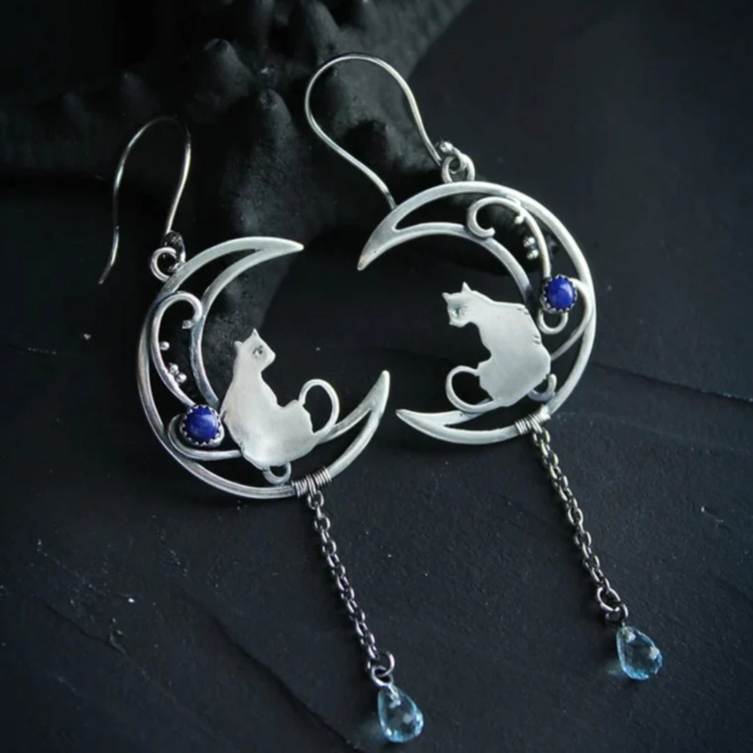 Brincos Boho de Zircônia Azul com Gato em Prata