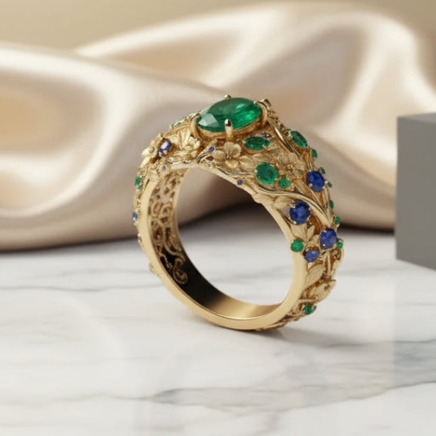 Anel de Ouro com Cristais Verdes e Azuis