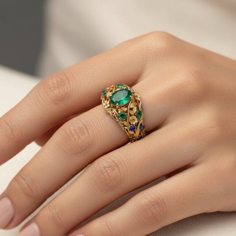 Anel de Ouro com Cristais Verdes e Azuis