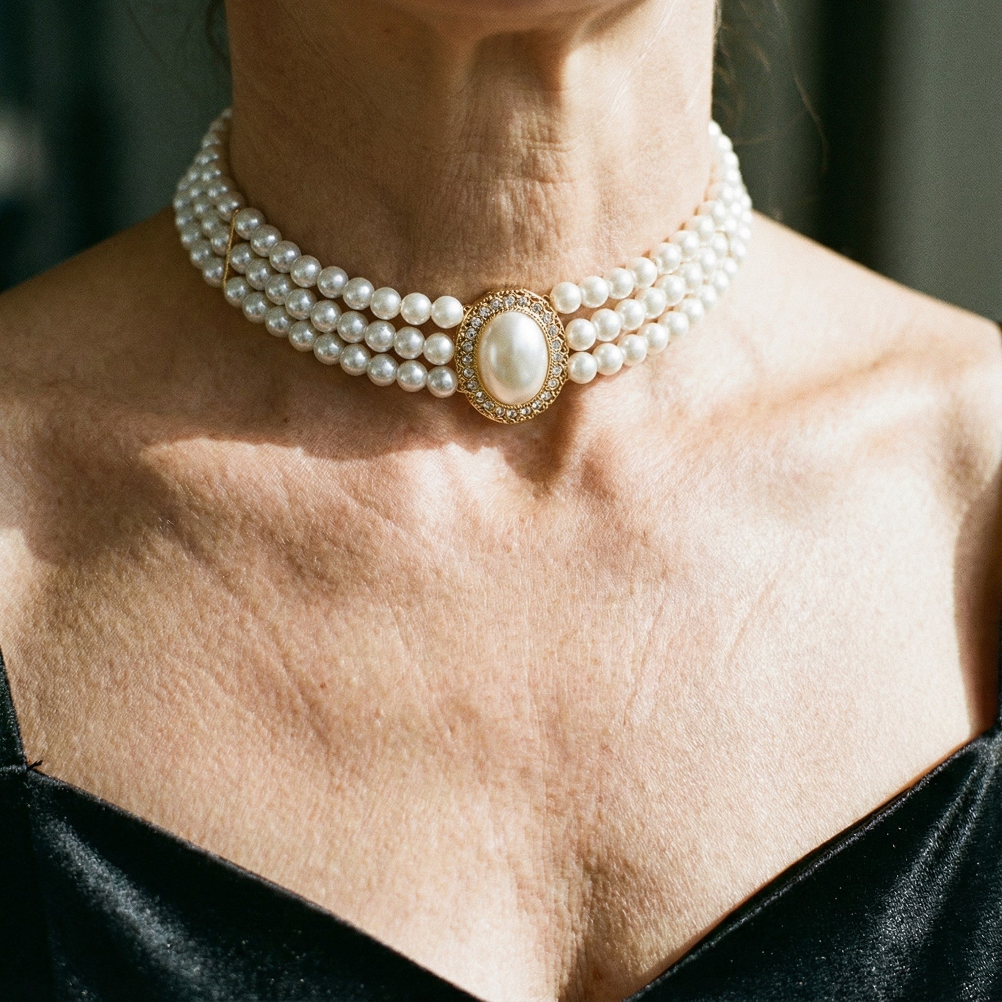Elegante Colar com Três Pérolas