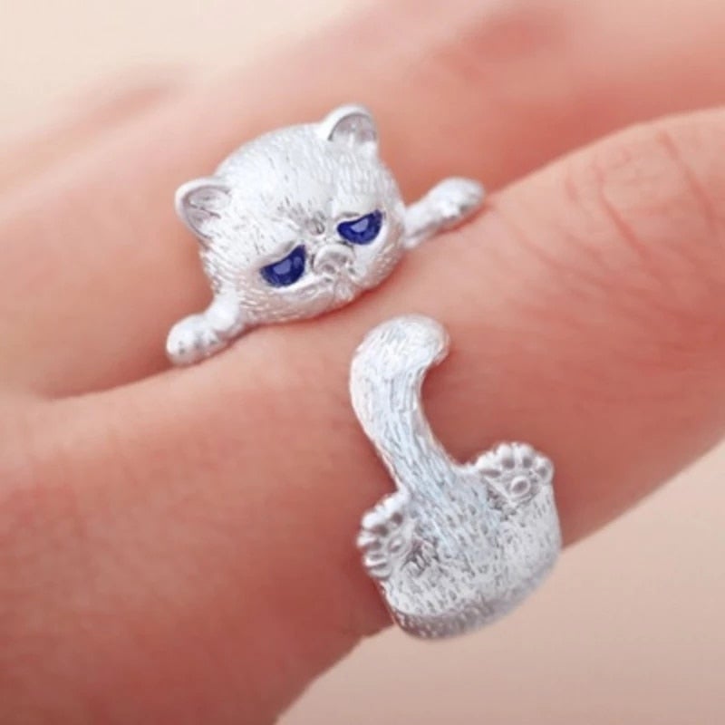 Anel Ajustável em Prata de Lei 925 com Gatinho