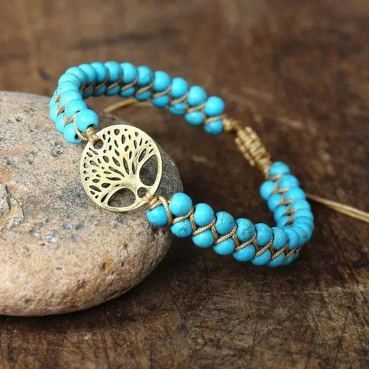 Pulseira Árvore da Vida Artesanal em Pedra Turquesa