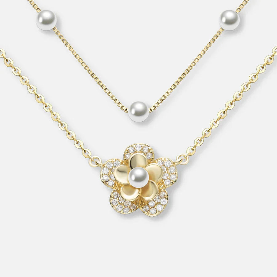 Colar de flores com pérolas de camada dupla
