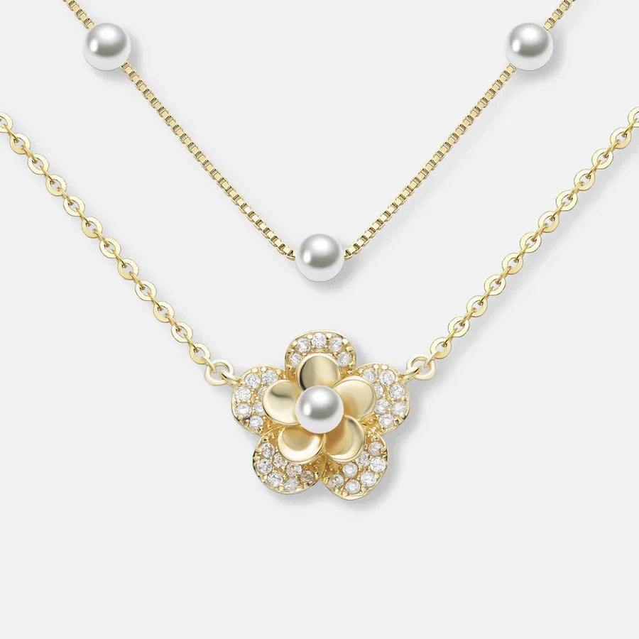 Colar de flores com pérolas de camada dupla