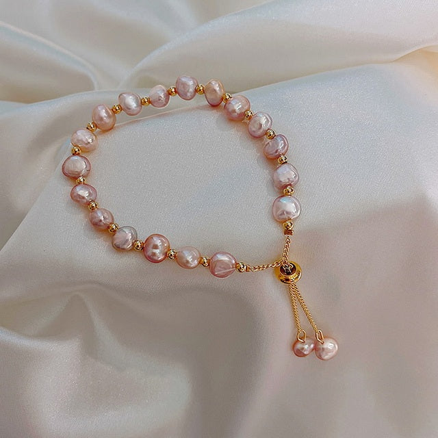 Pulseira de Pérolas Rosa em Ouro