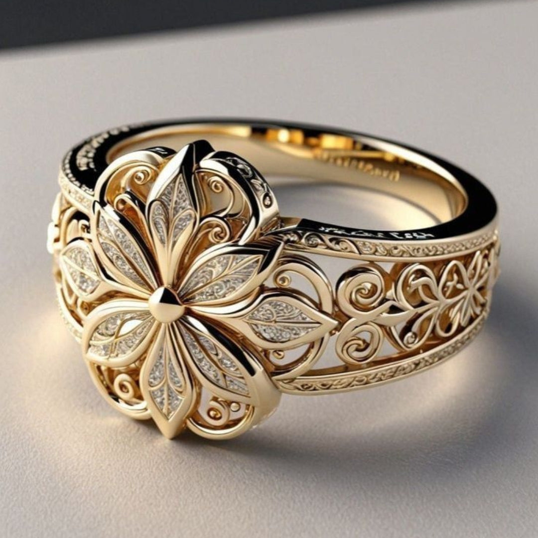 Anel Exótico Floral em Ouro com Zircónia