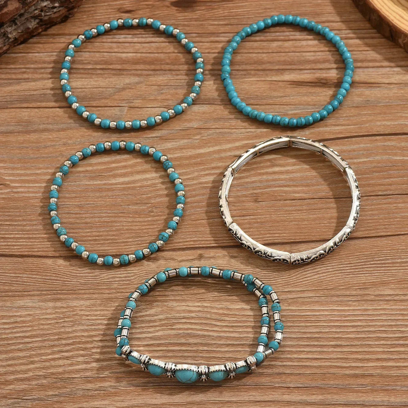 Conjunto de Pulseiras Boho com Contas Turquesa