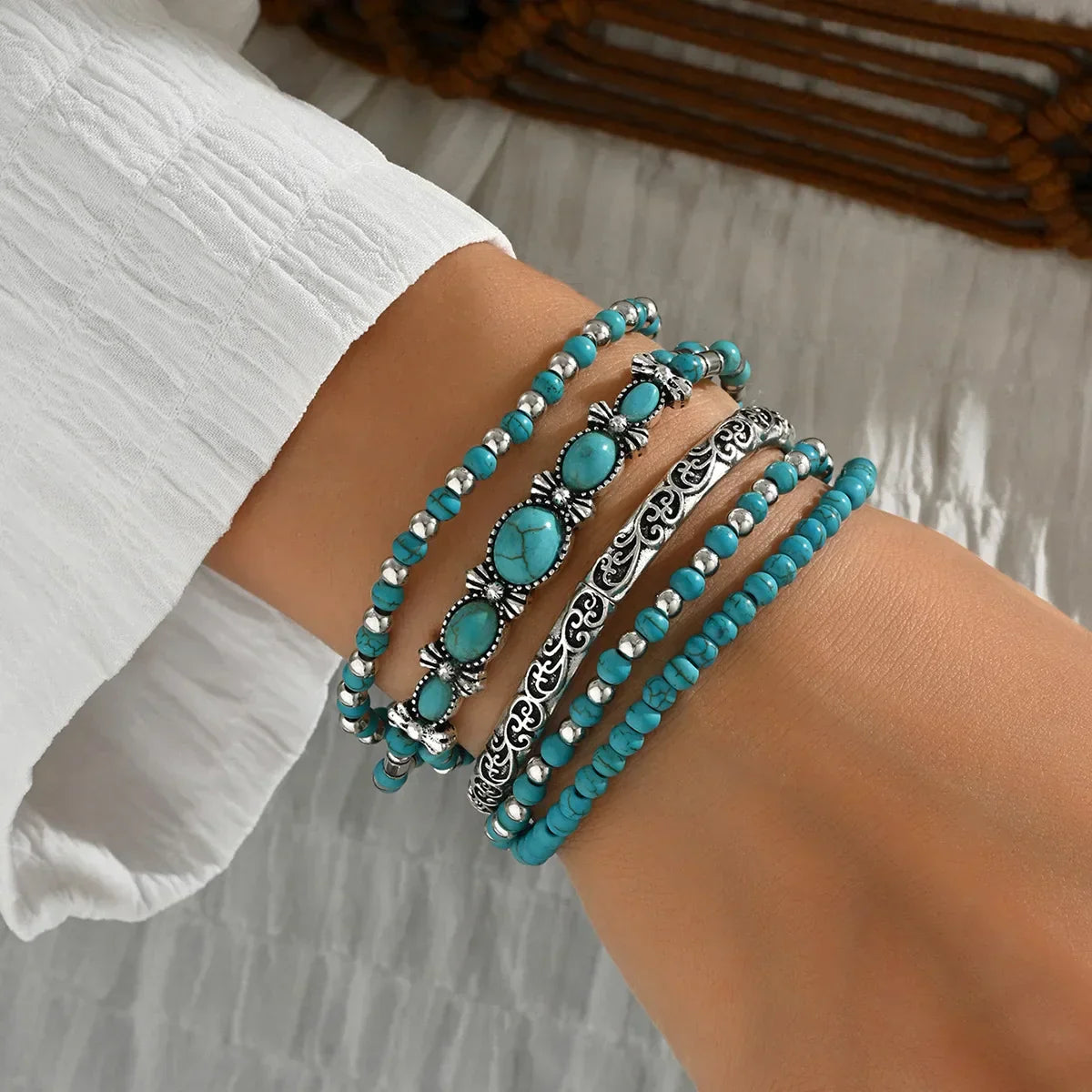 Conjunto de Pulseiras Boho com Contas Turquesa