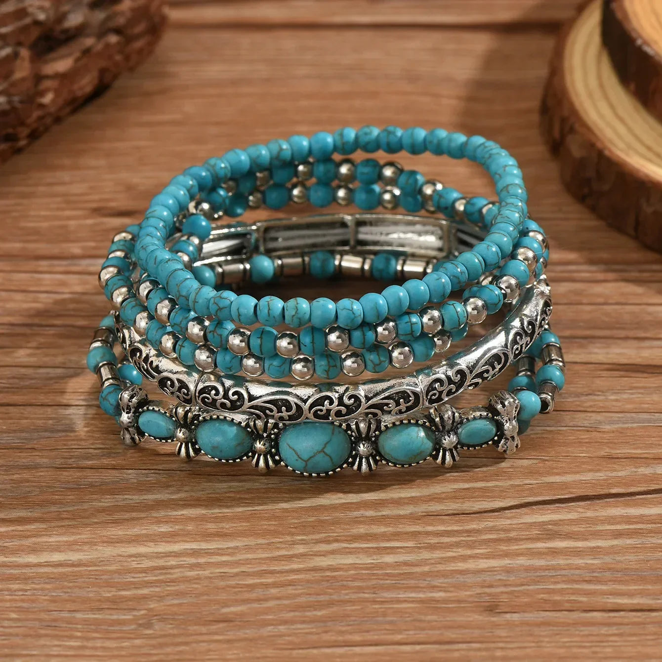 Conjunto de Pulseiras Boho com Contas Turquesa