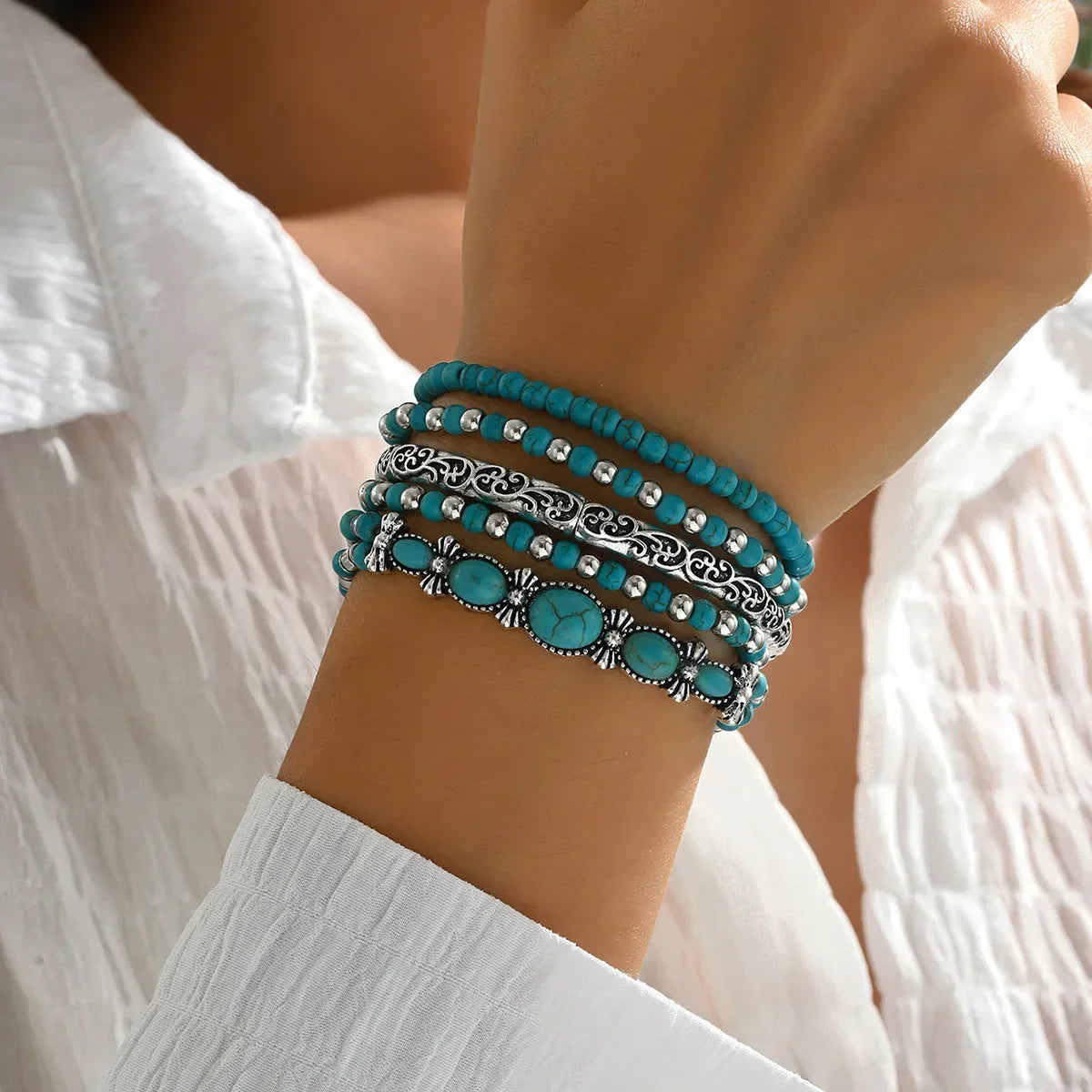 Conjunto de Pulseiras Boho com Contas Turquesa