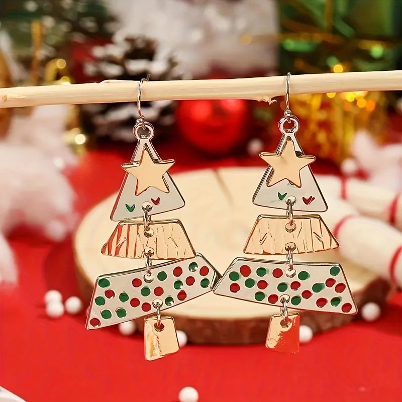 Brincos pendentes em forma de árvore de Natal em metal misto