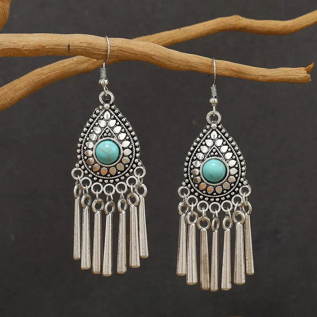 Brincos Pendentes Vintage em Prata com Pedra Turquesa