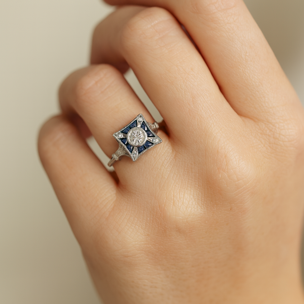 Anel Vintage Quadrado com Zircónia Azul