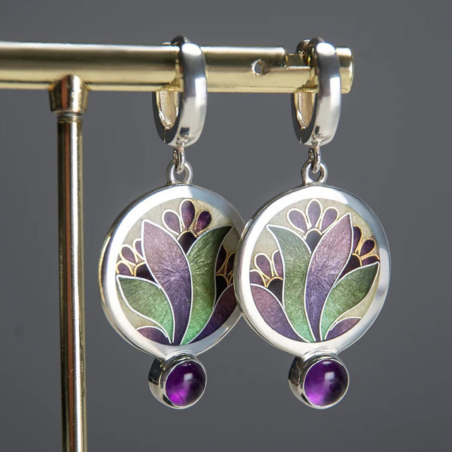 Brincos Boho com cristais roxos em prata de lei