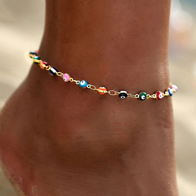 Pulseira de Tornozelo com Olho Turco Multicolorido em Ouro