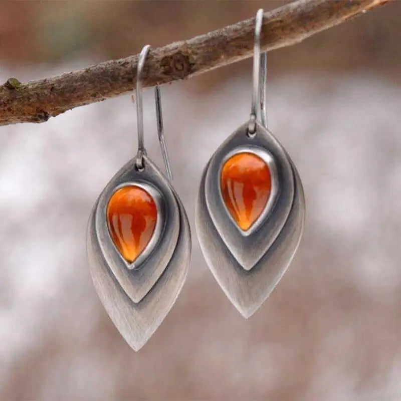 Brincos Vintage em Prata com Pedra Laranja