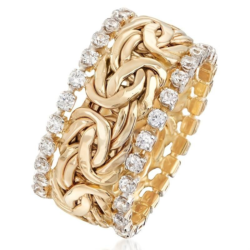 Anel Vintage Dourado Trançado com Zircónia