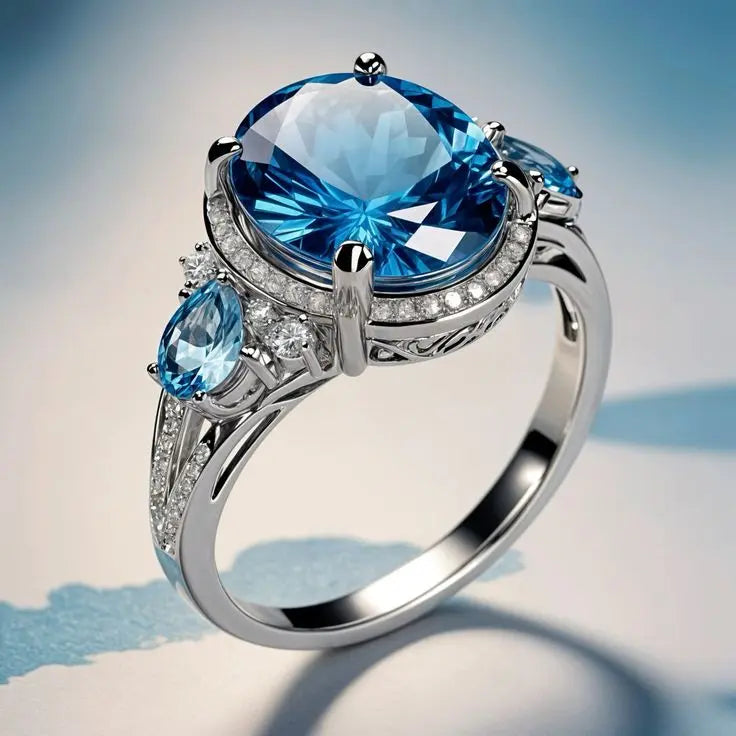 Anel Vintage em Prateado com Cristal Azul