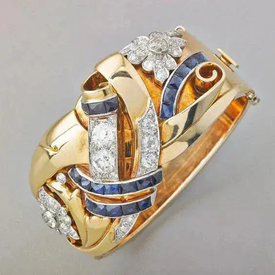 Anel Vintage Dourado com Zircónia Azul