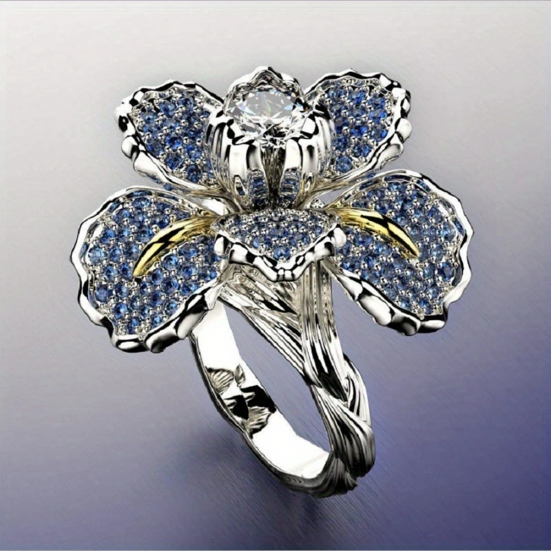 Anel em Prata com Flor Azul e Cristal
