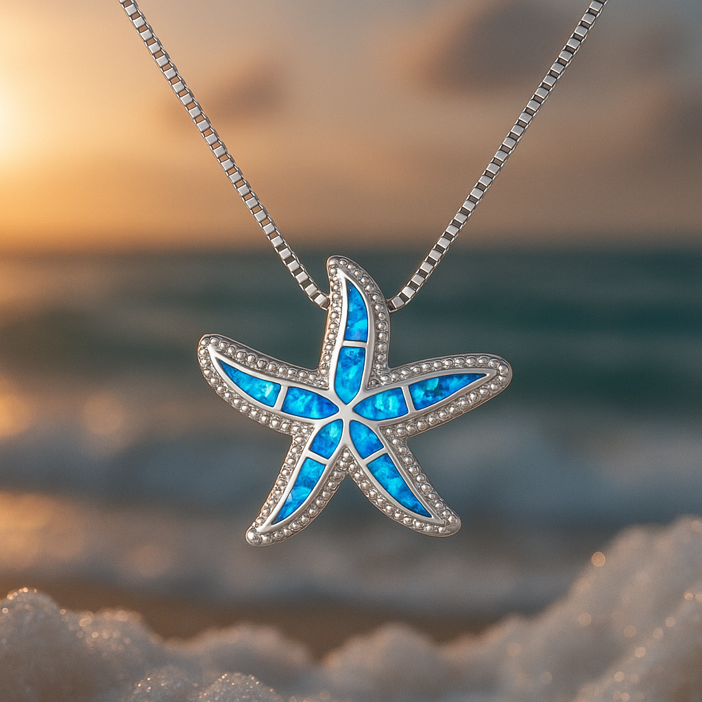 Colar Prateado com Estrela-do-Mar Azul Brilhante e Opala