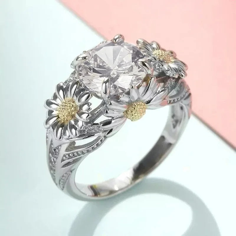 Anel Vintage com Girassol Amarelo e Prata