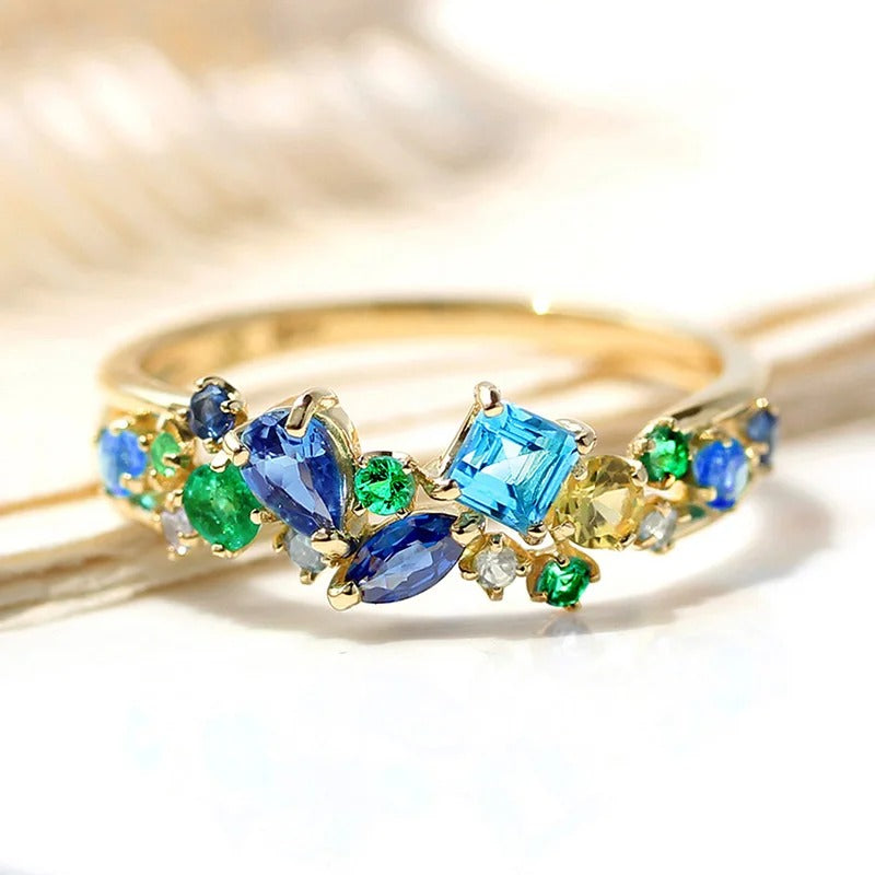 Anel Vintage Multicolorido com Pedras Preciosas e Ouro