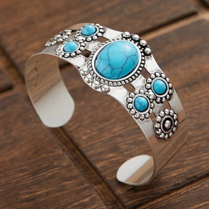 Pulseira ajustável aberta vintage em prata e turquesa