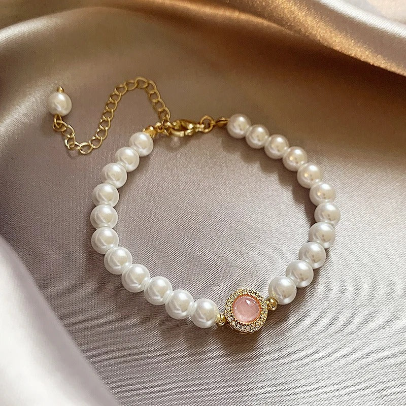 Pulseira vintage com pérolas e quartzo rosa dourado