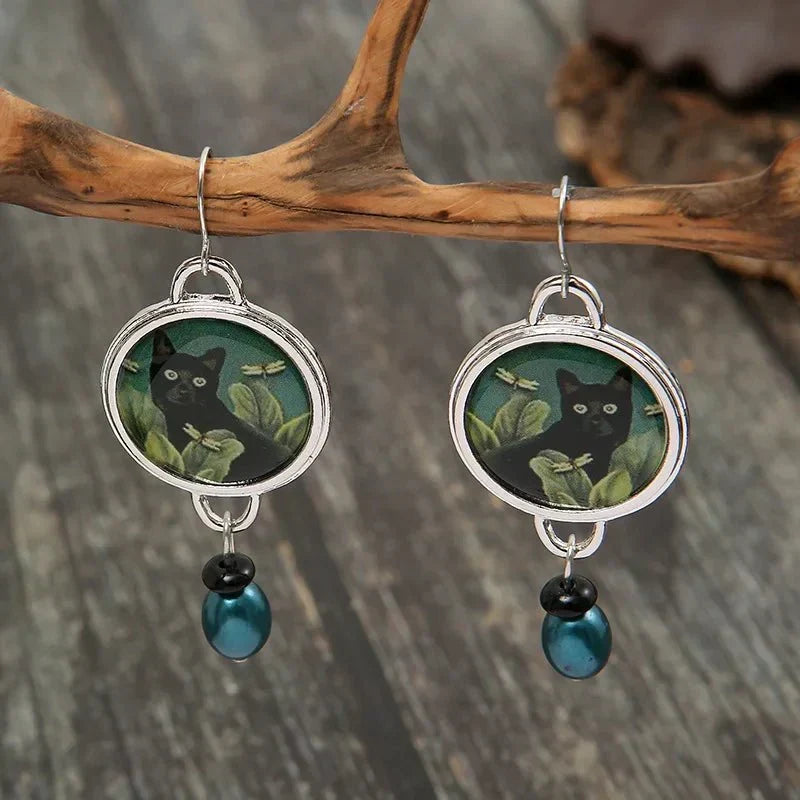 Brincos Pendentes Vintage com Gato preto Tropical
