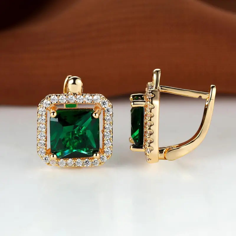 Brincos Dourados com Zircónia Verde Quadrada