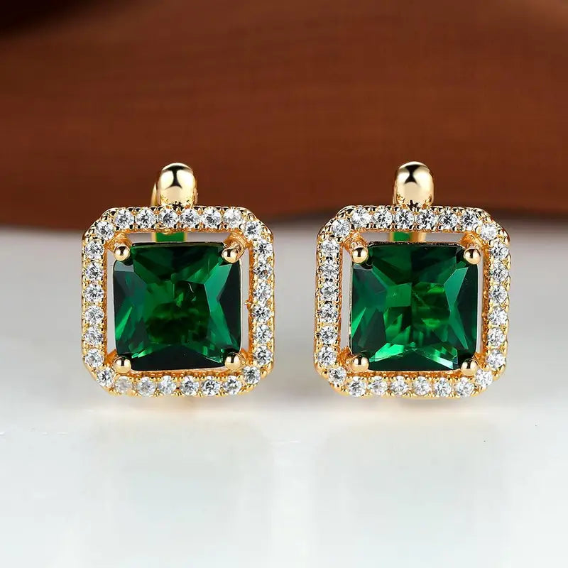 Brincos Dourados com Zircónia Verde Quadrada