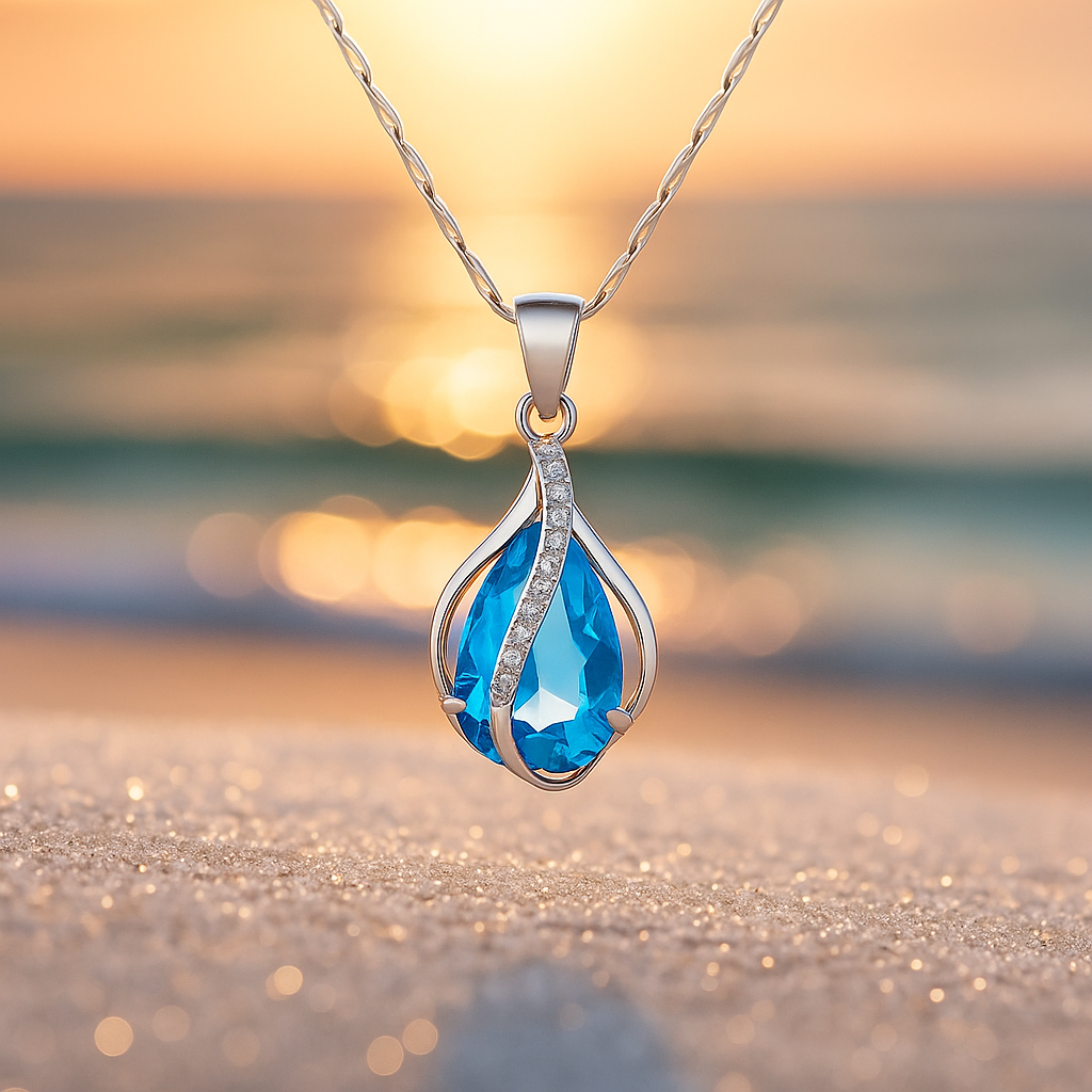 Colar Artesanal Gota de Luz em Zircão Azul