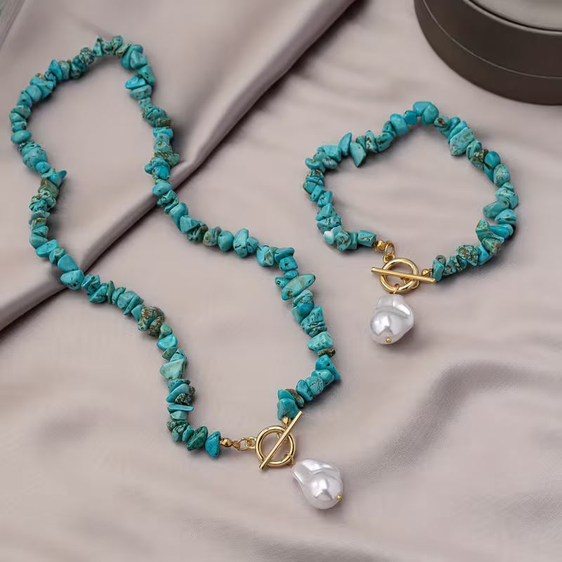 Conjunto Elegante de Joias de Pedra Natural e Pérolas