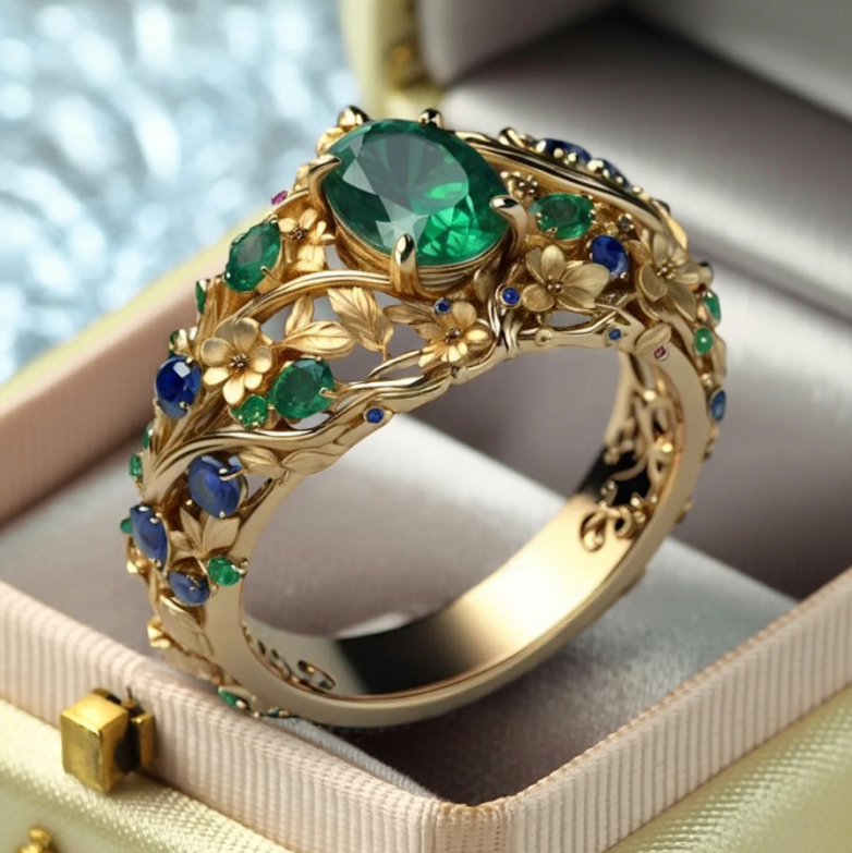 Anel Dourado com Cristais Verdes e Azuis