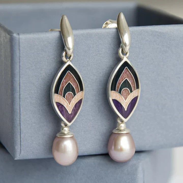 Brincos Vintage em Esmalte e Pérolas Rosa