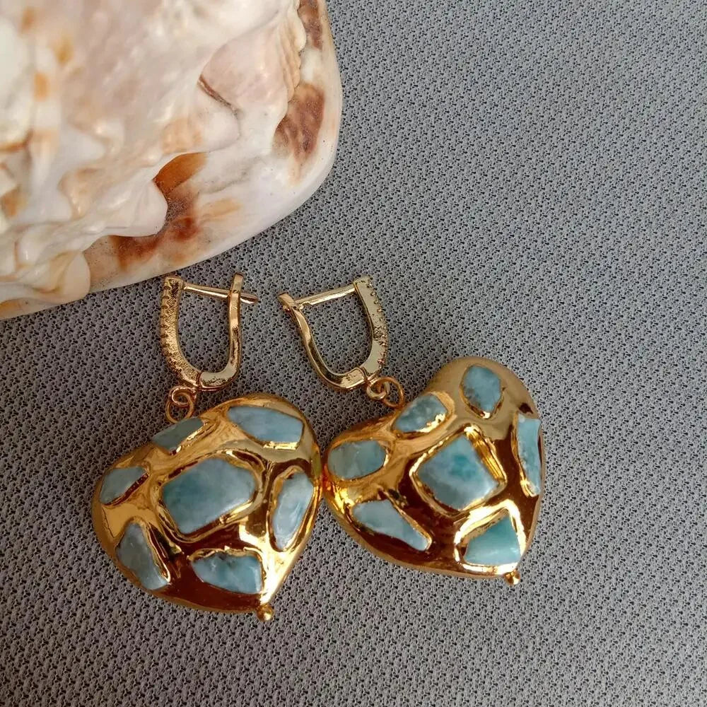 Brincos Vintage Coração Dourado com Turquesa