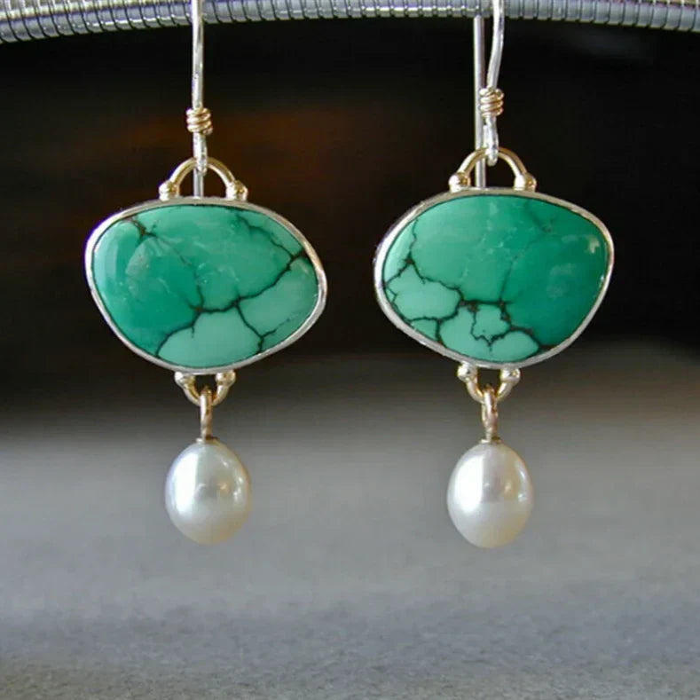 Brincos Vintage com Pedra Turquesa e Pérola